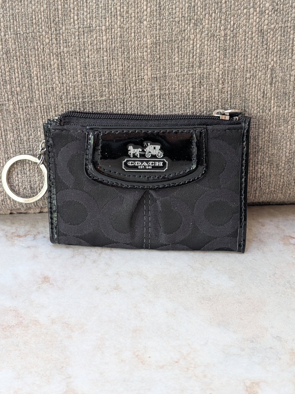 COACH Black Signature Small Zip Card Case Key Wallet EUC